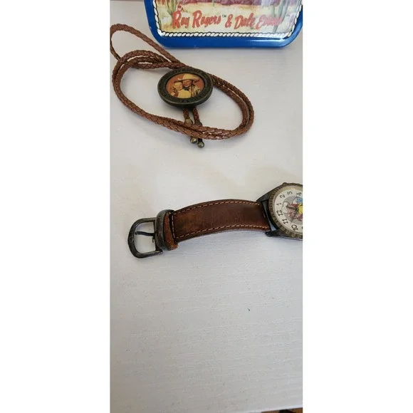 Roy Rogers Leather Fossil Watch Bolo Small Tin Lunch Snack Box Authentic